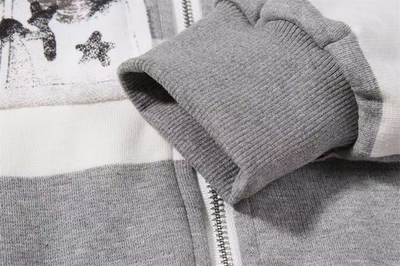 Striped Patchwork Portrait Print Zip-Up Hoodie