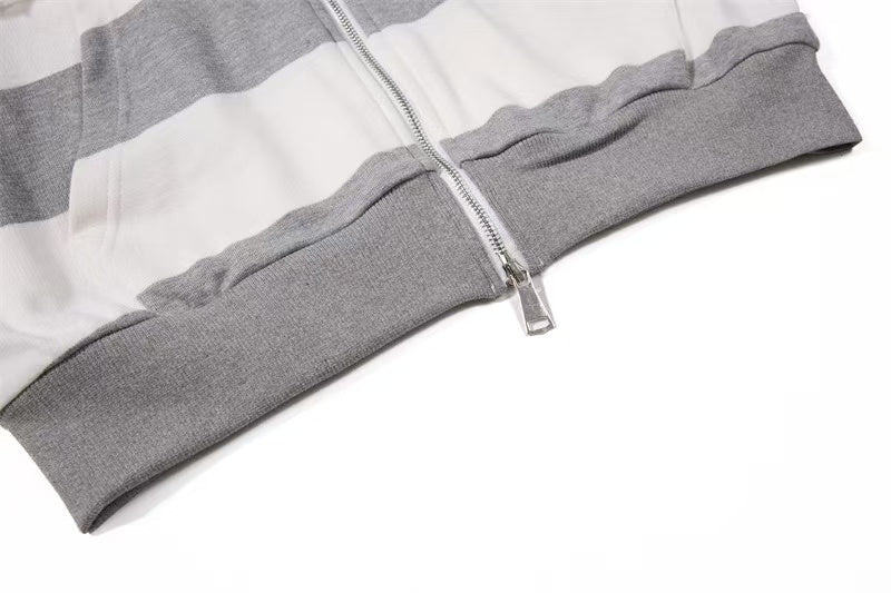 Striped Patchwork Portrait Print Zip-Up Hoodie