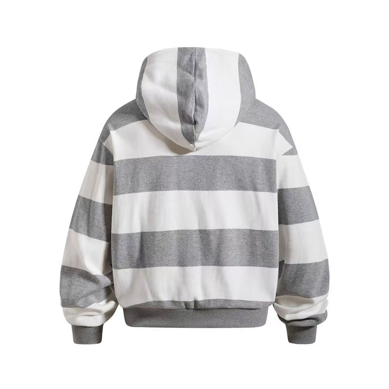 Striped Patchwork Portrait Print Zip-Up Hoodie