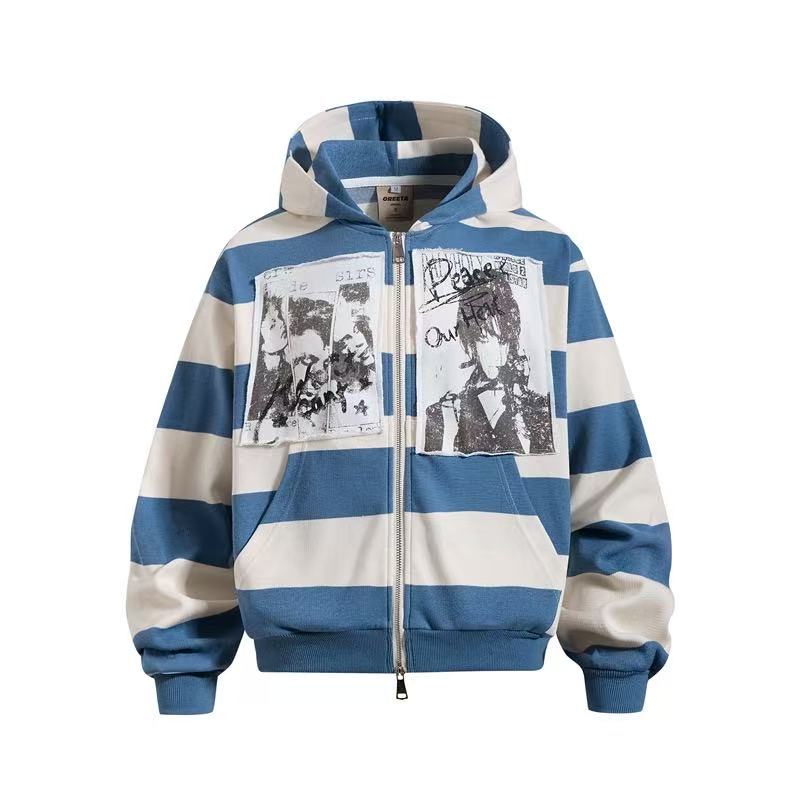Striped Patchwork Portrait Print Zip-Up Hoodie