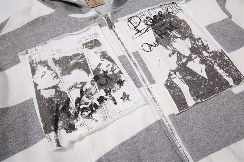 Striped Patchwork Portrait Print Zip-Up Hoodie