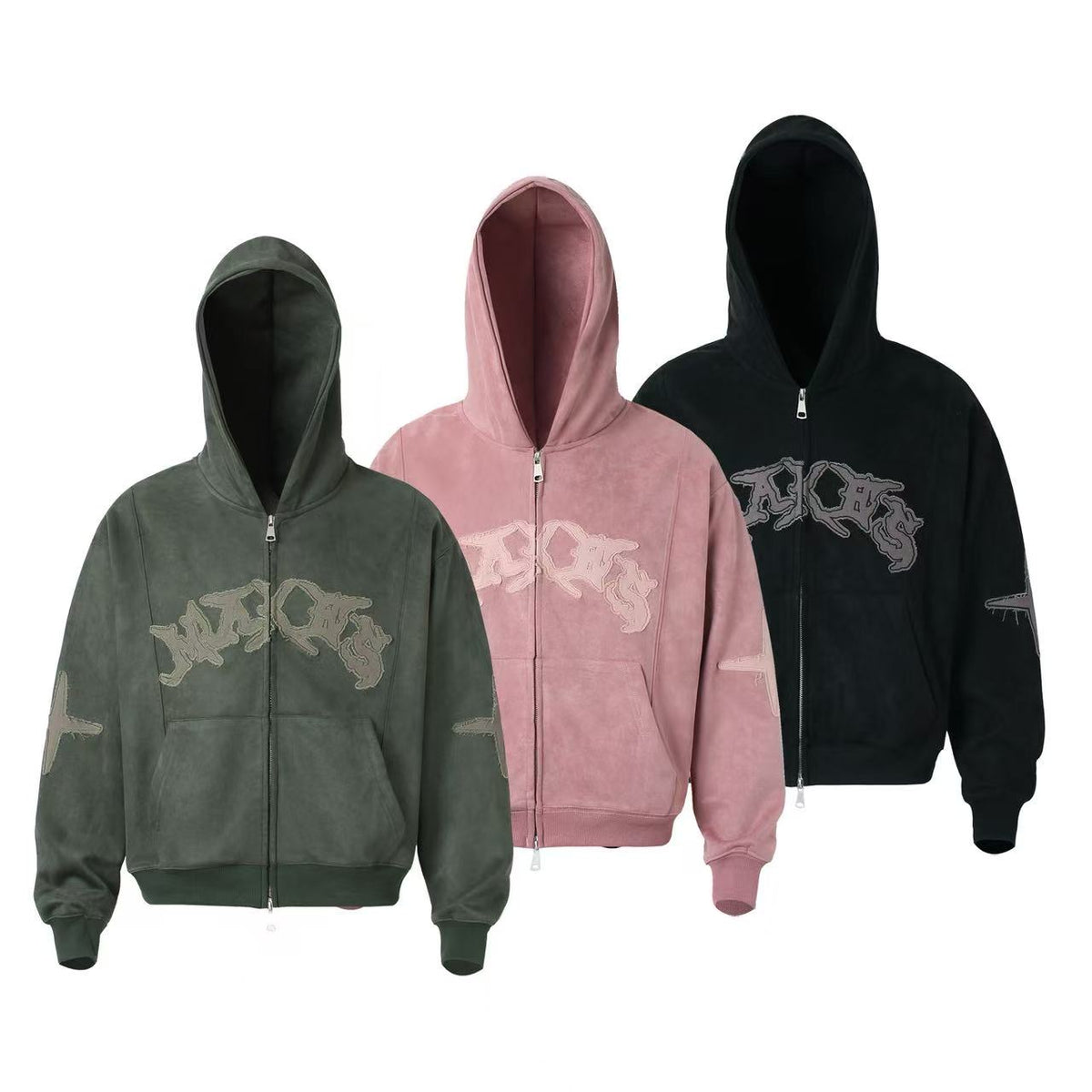 Vintage Suede Letter Embroidery Zip-Up Hoodie