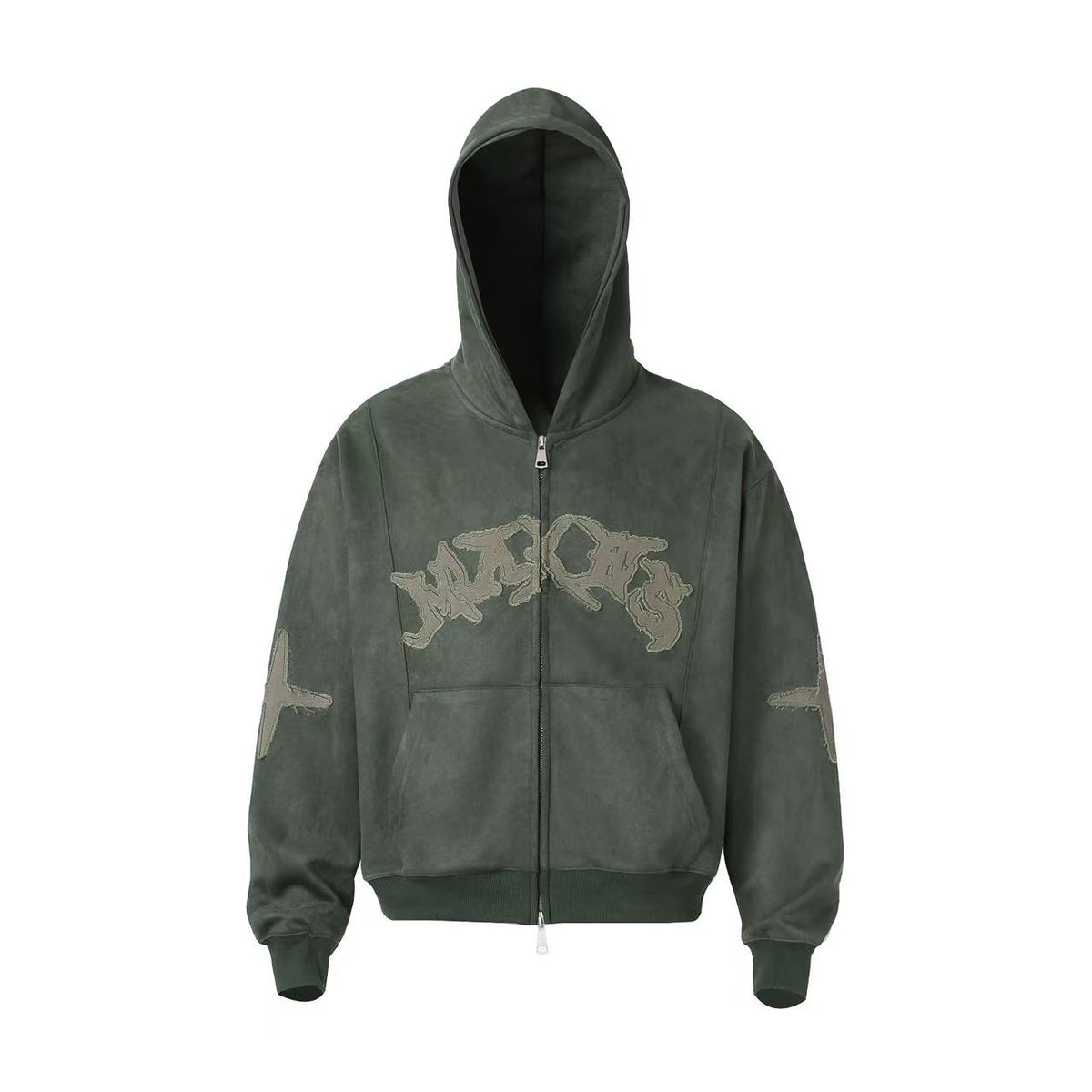Vintage Suede Letter Embroidery Zip-Up Hoodie