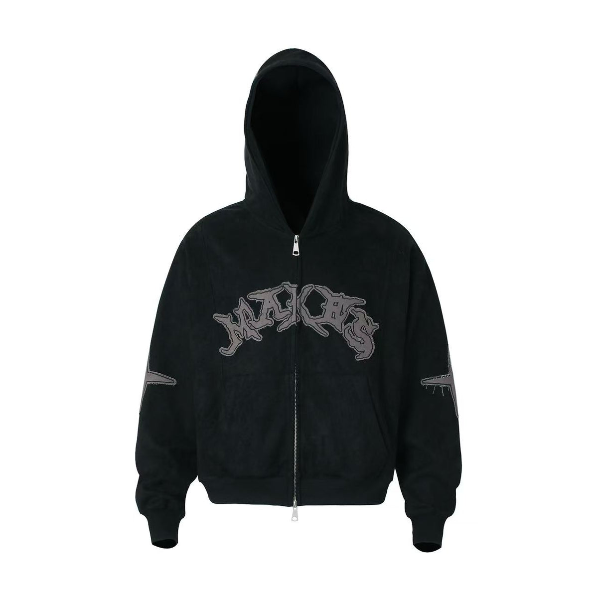 Vintage Suede Letter Embroidery Zip-Up Hoodie