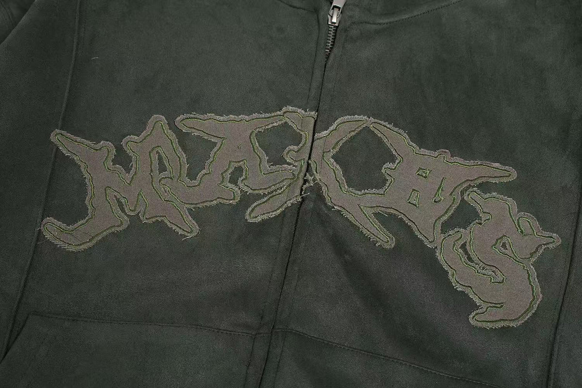Vintage Suede Letter Embroidery Zip-Up Hoodie