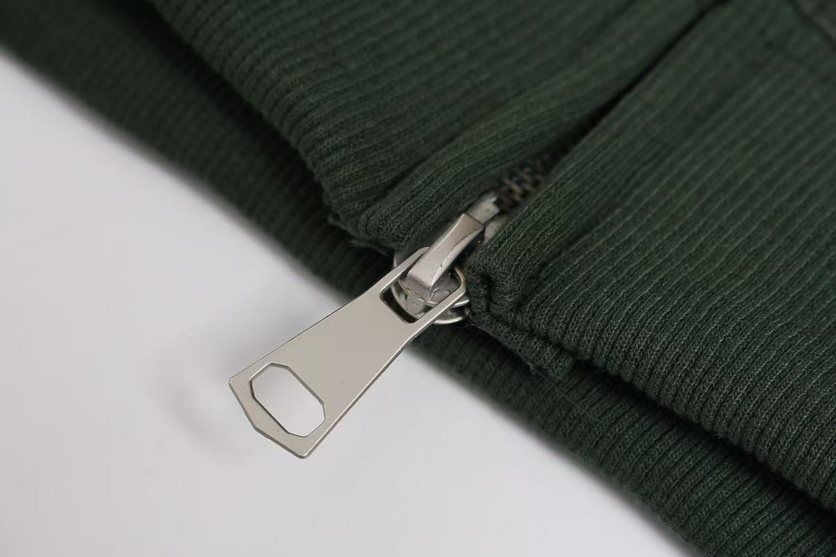 Vintage Suede Letter Embroidery Zip-Up Hoodie