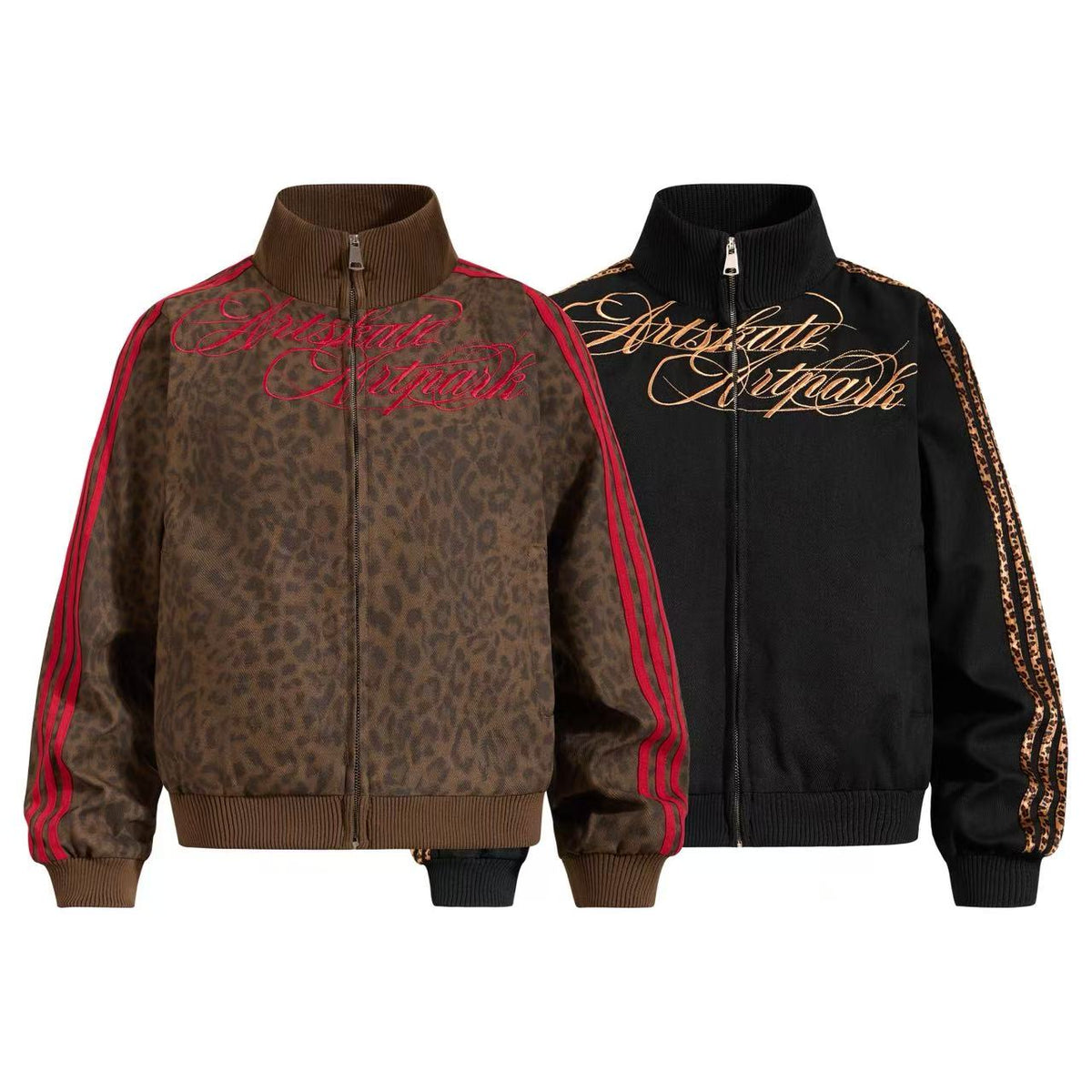 Cropped Leopard Print Side Stripe Script Embroidery Track Jacket
