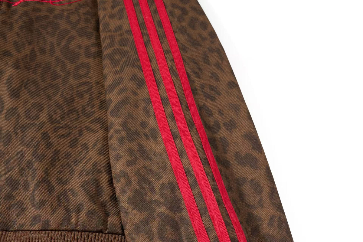 Cropped Leopard Print Side Stripe Script Embroidery Track Jacket