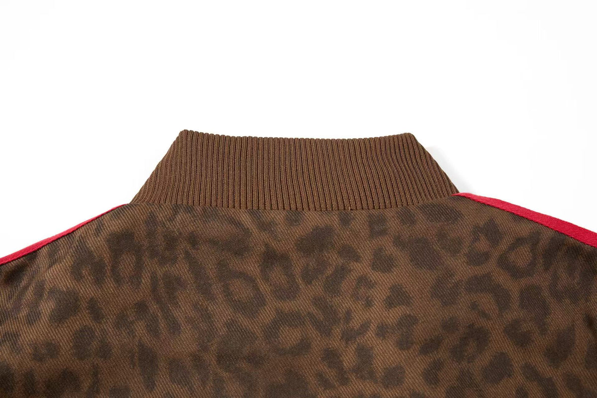 Cropped Leopard Print Side Stripe Script Embroidery Track Jacket