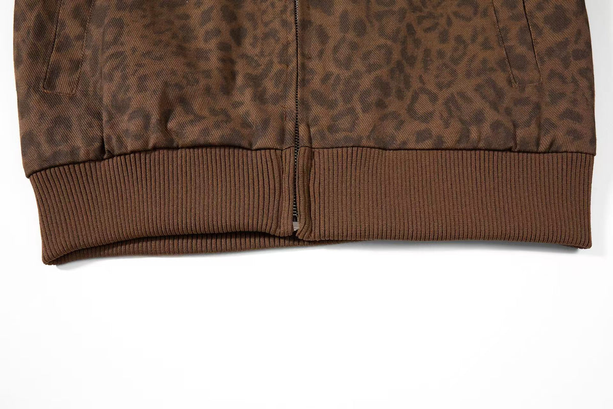 Cropped Leopard Print Side Stripe Script Embroidery Track Jacket