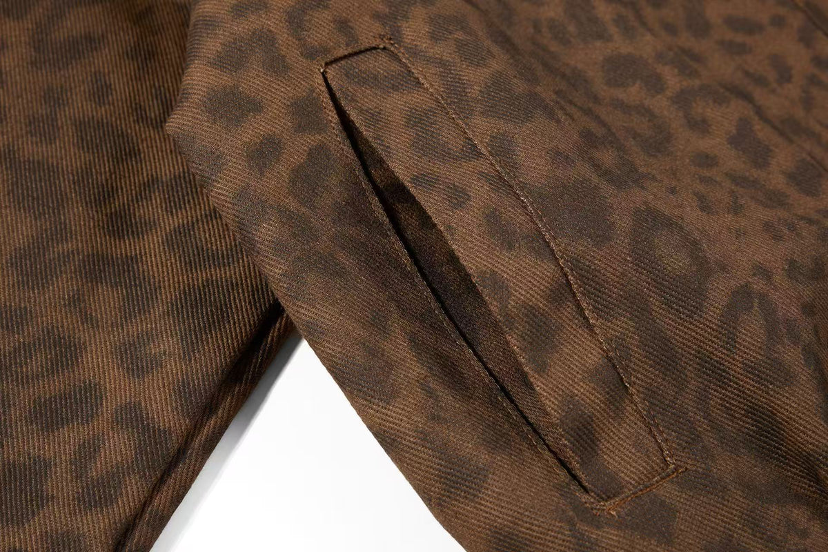 Cropped Leopard Print Side Stripe Script Embroidery Track Jacket
