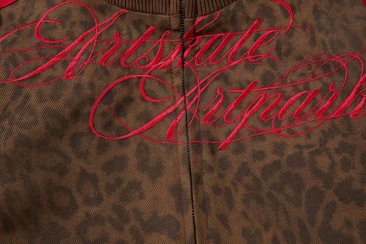 Cropped Leopard Print Side Stripe Script Embroidery Track Jacket