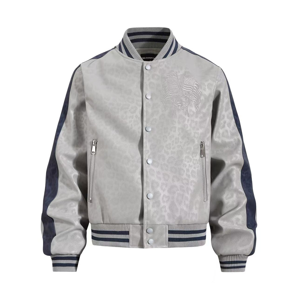 Cropped Leopard Print Flag Embroidery Varsity Jacket