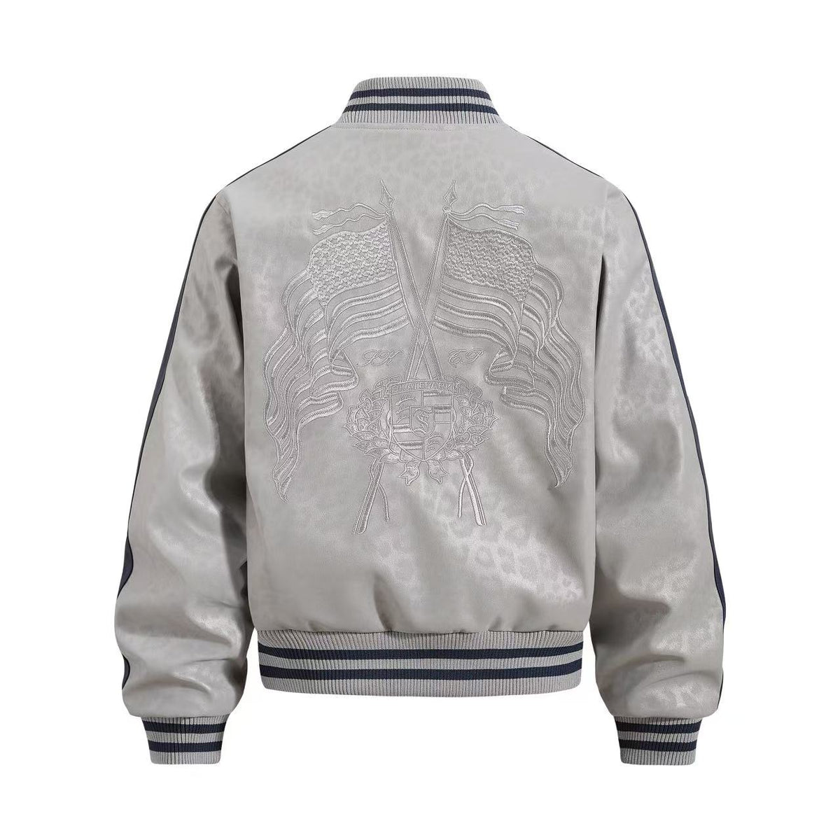 Cropped Leopard Print Flag Embroidery Varsity Jacket