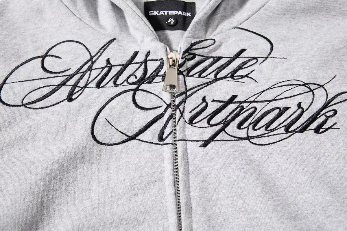 Cropped Cursive Script Print Zip-Up Hooded Jacket