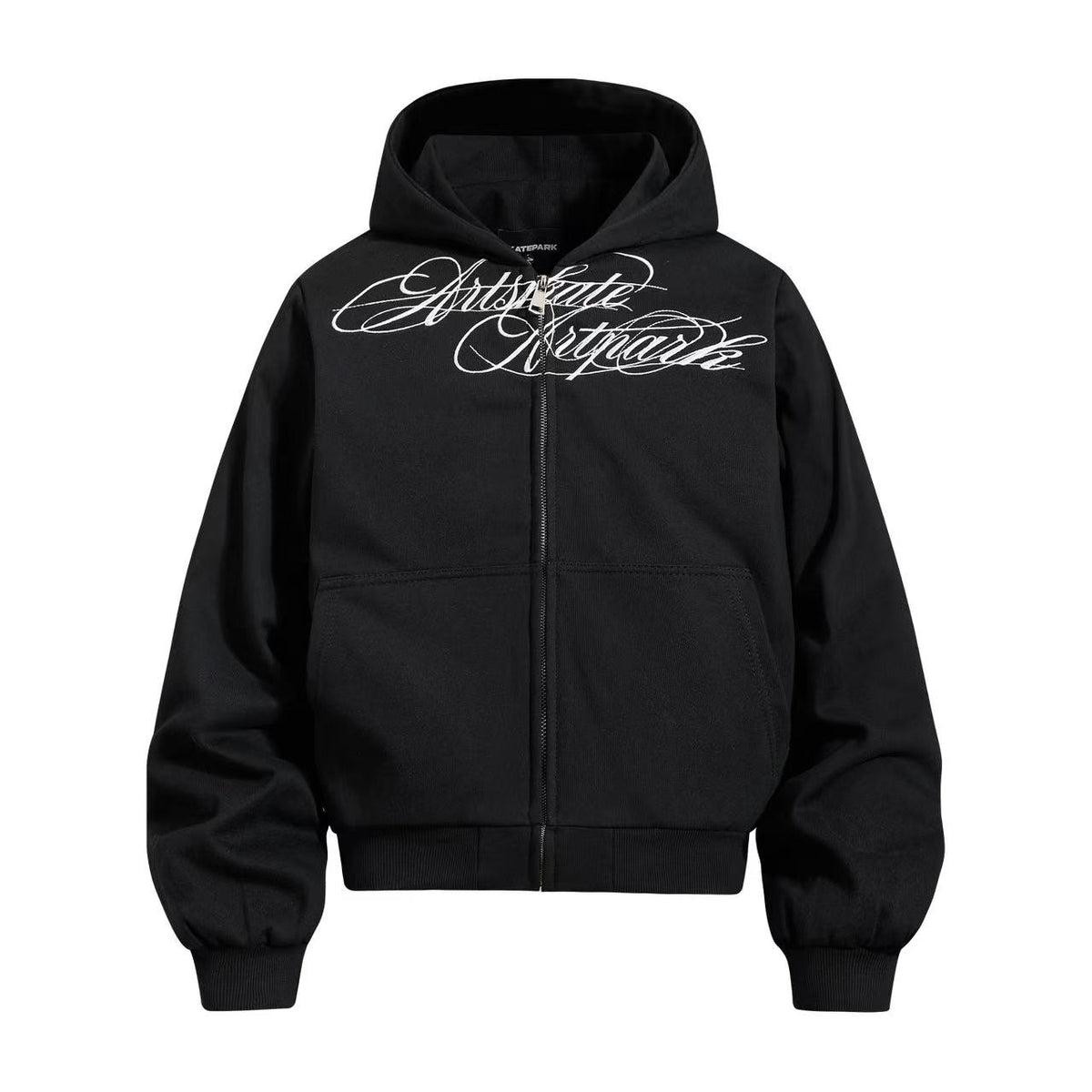 Cropped Cursive Script Print Zip-Up Hooded Jacket