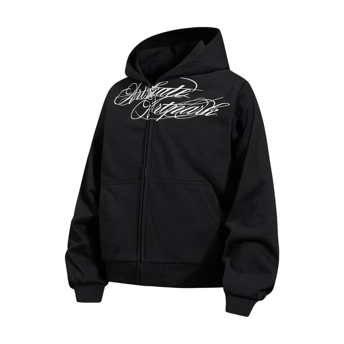 Cropped Cursive Script Print Zip-Up Hooded Jacket