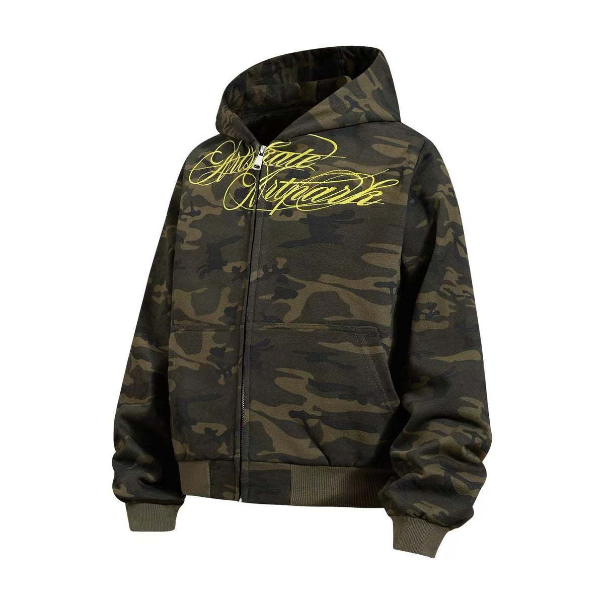 Cropped Cursive Script Print Zip-Up Hooded Jacket