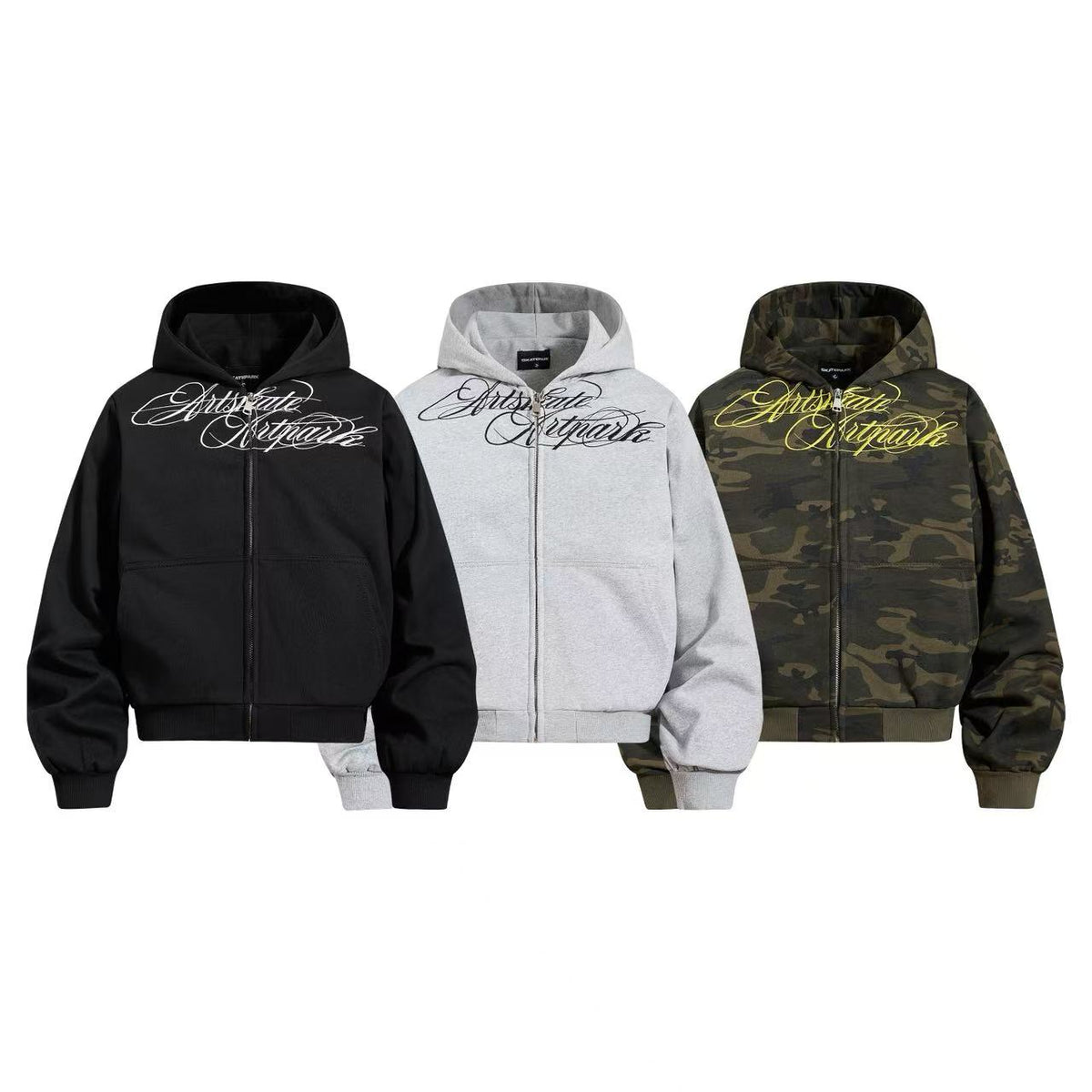 Cropped Cursive Script Print Zip-Up Hooded Jacket