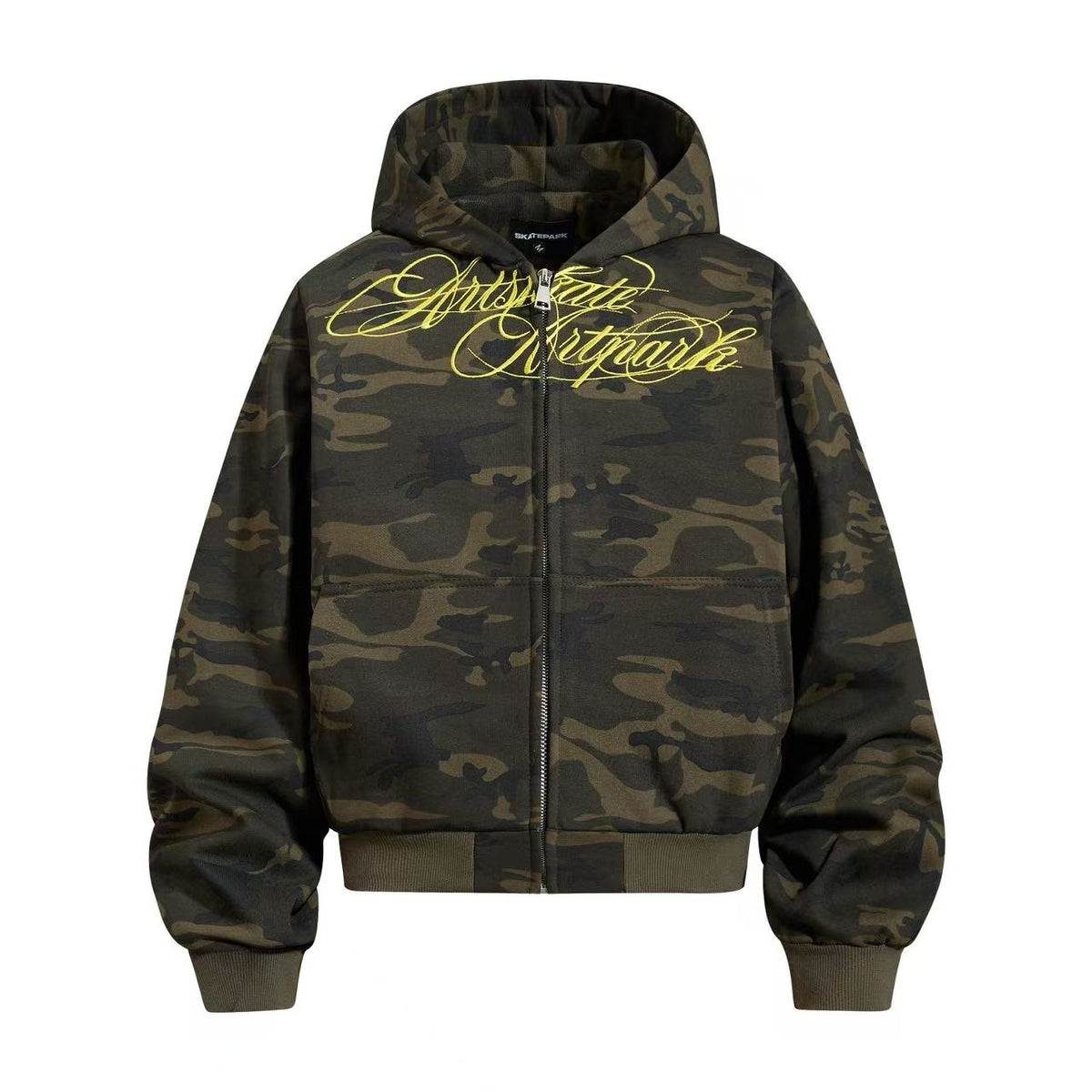 Cropped Cursive Script Print Zip-Up Hooded Jacket
