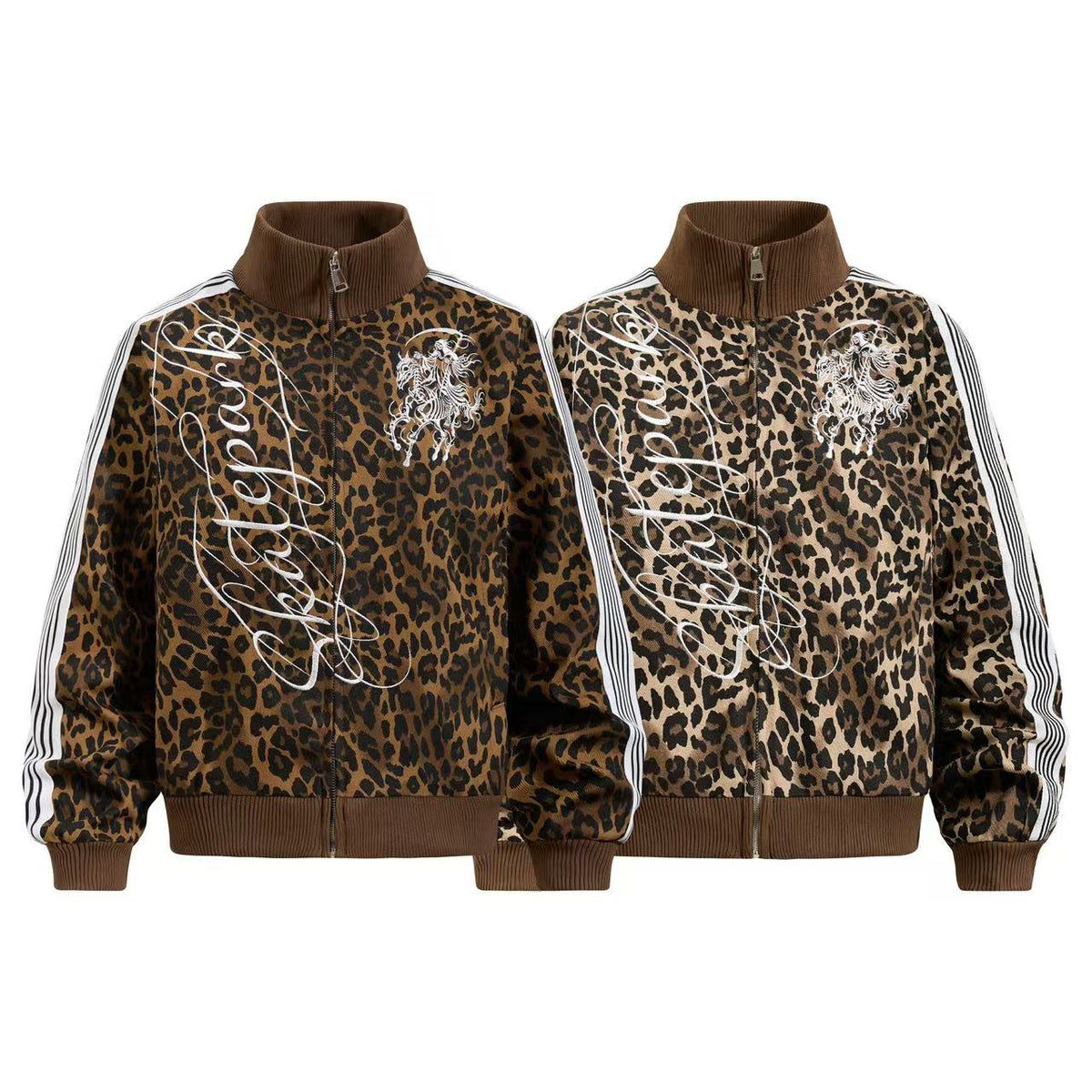 Cropped Leopard Print Side Stripe Script Embroidery Track Jacket
