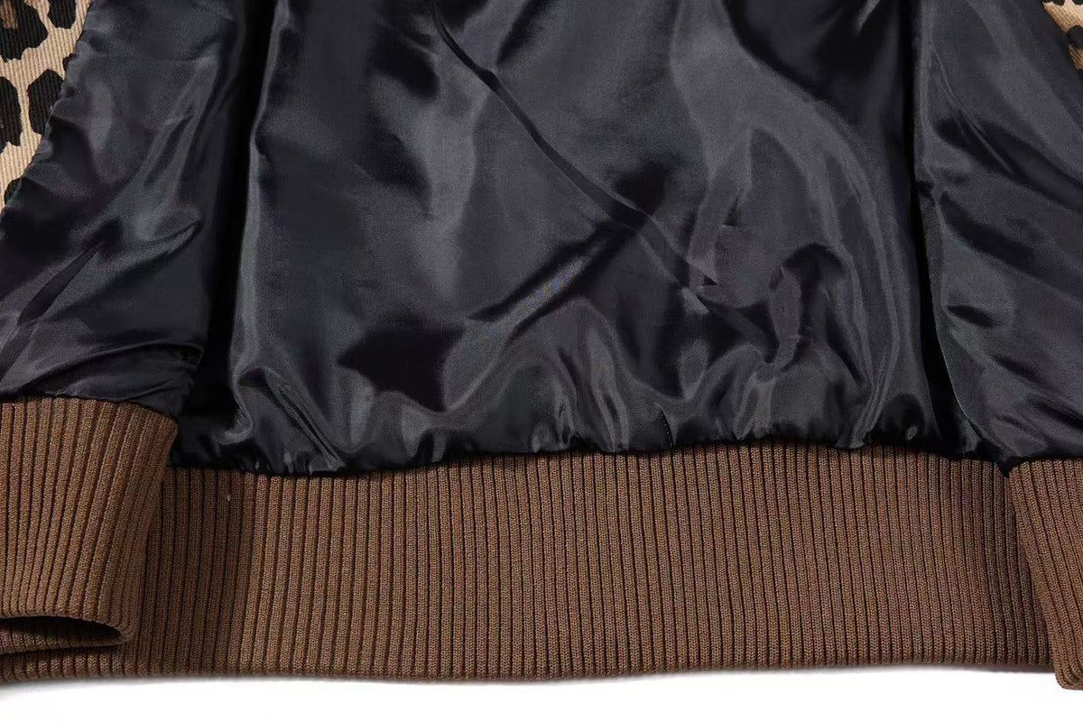 Cropped Leopard Print Side Stripe Script Embroidery Track Jacket