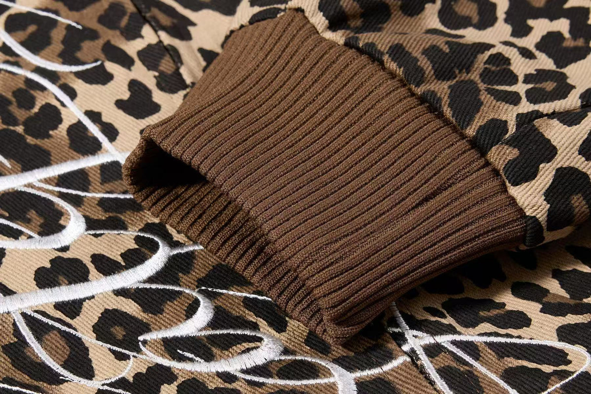 Cropped Leopard Print Side Stripe Script Embroidery Track Jacket