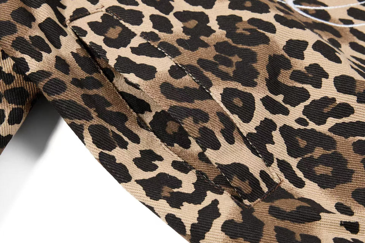 Cropped Leopard Print Side Stripe Script Embroidery Track Jacket