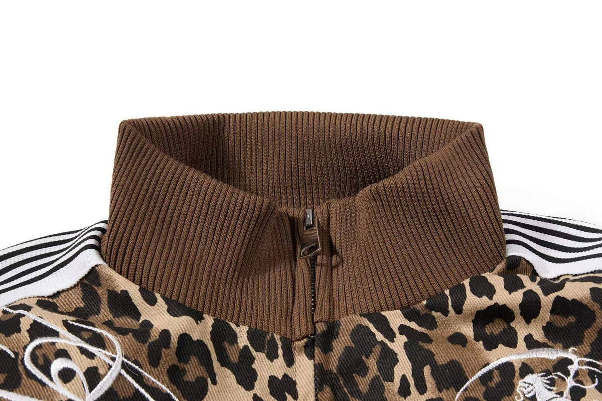 Cropped Leopard Print Side Stripe Script Embroidery Track Jacket