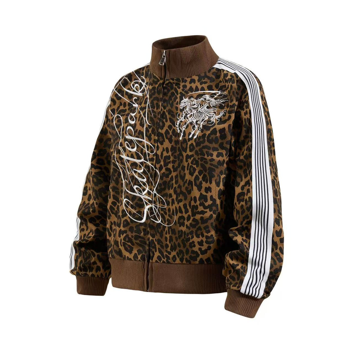 Cropped Leopard Print Side Stripe Script Embroidery Track Jacket