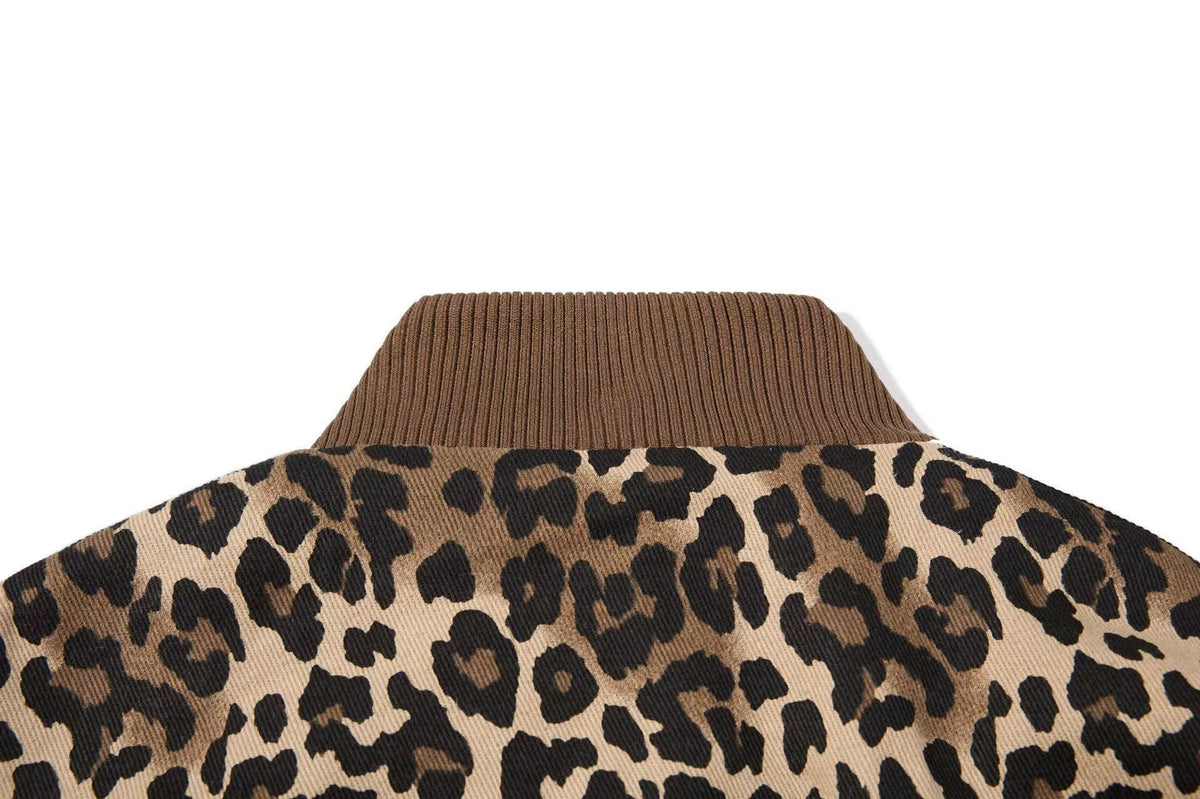 Cropped Leopard Print Side Stripe Script Embroidery Track Jacket