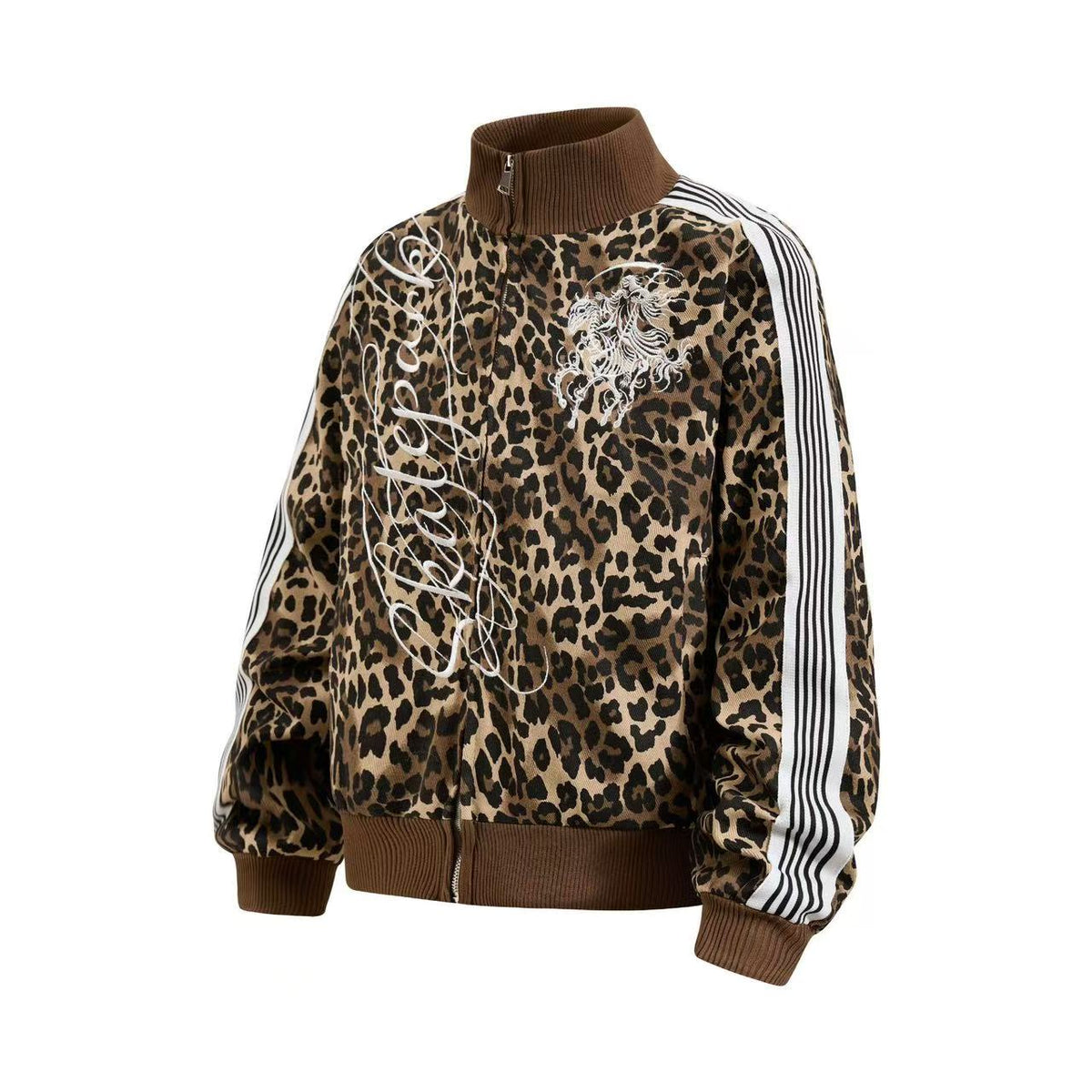 Cropped Leopard Print Side Stripe Script Embroidery Track Jacket