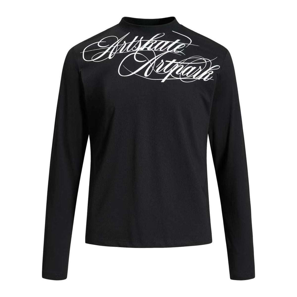Cropped Mock Neck Cursive Script Print Long Sleeve