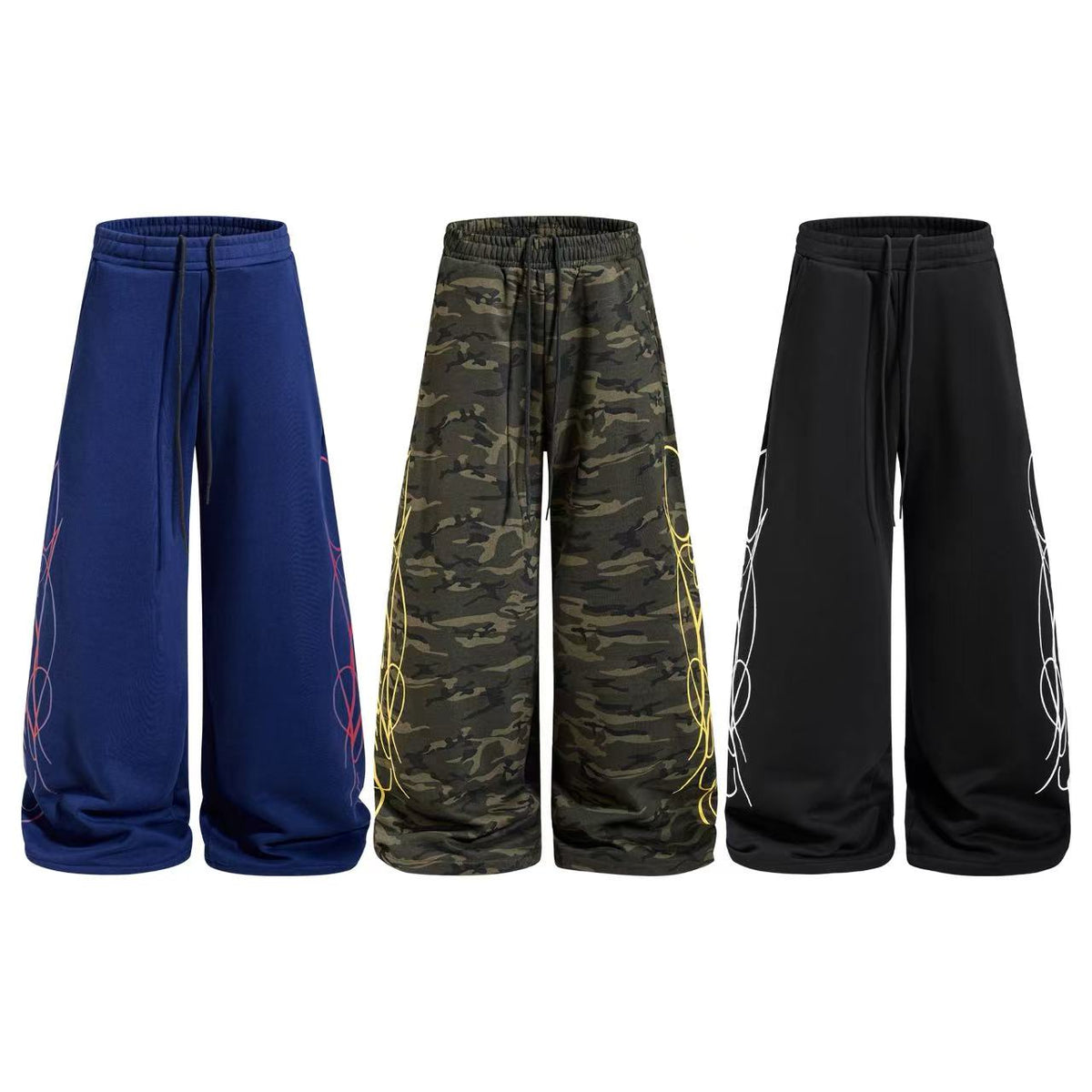 Streetwear Fleece Lined Side Script Line Graphic Print Wide-Leg Sweatpants