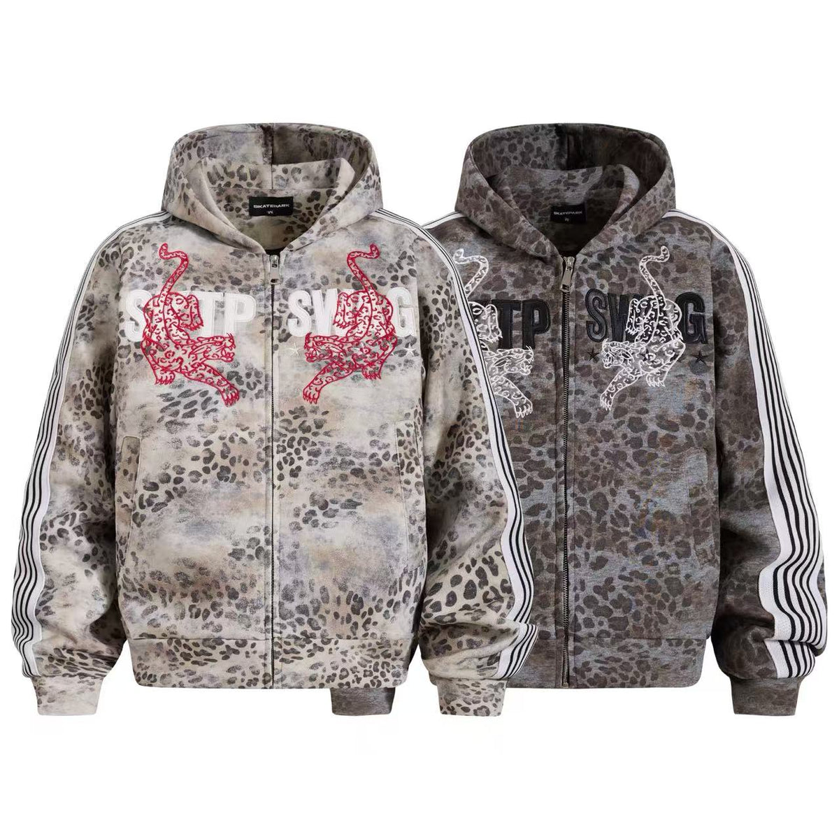 Cropped Vintage Leopard Tiger Embroidery Striped Sleeve Hooded Jacket