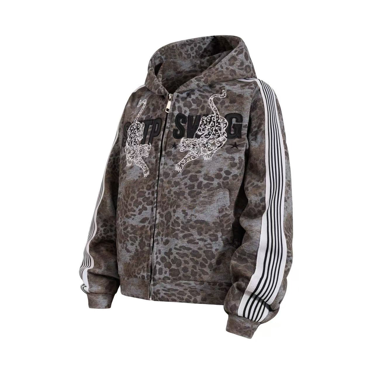 Cropped Vintage Leopard Tiger Embroidery Striped Sleeve Hooded Jacket