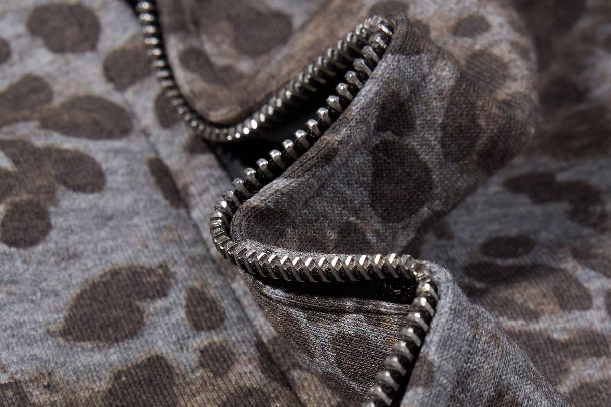 Cropped Vintage Leopard Tiger Embroidery Striped Sleeve Hooded Jacket