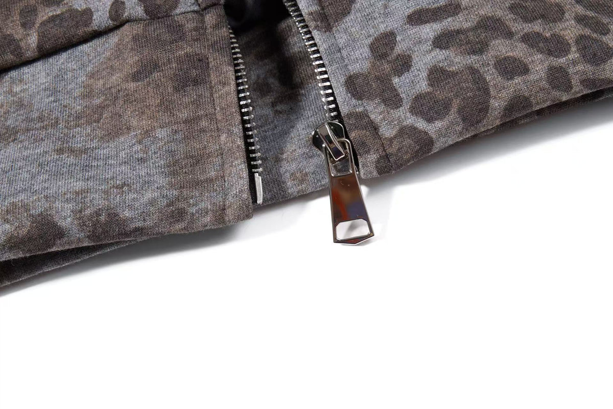 Cropped Vintage Leopard Tiger Embroidery Striped Sleeve Hooded Jacket