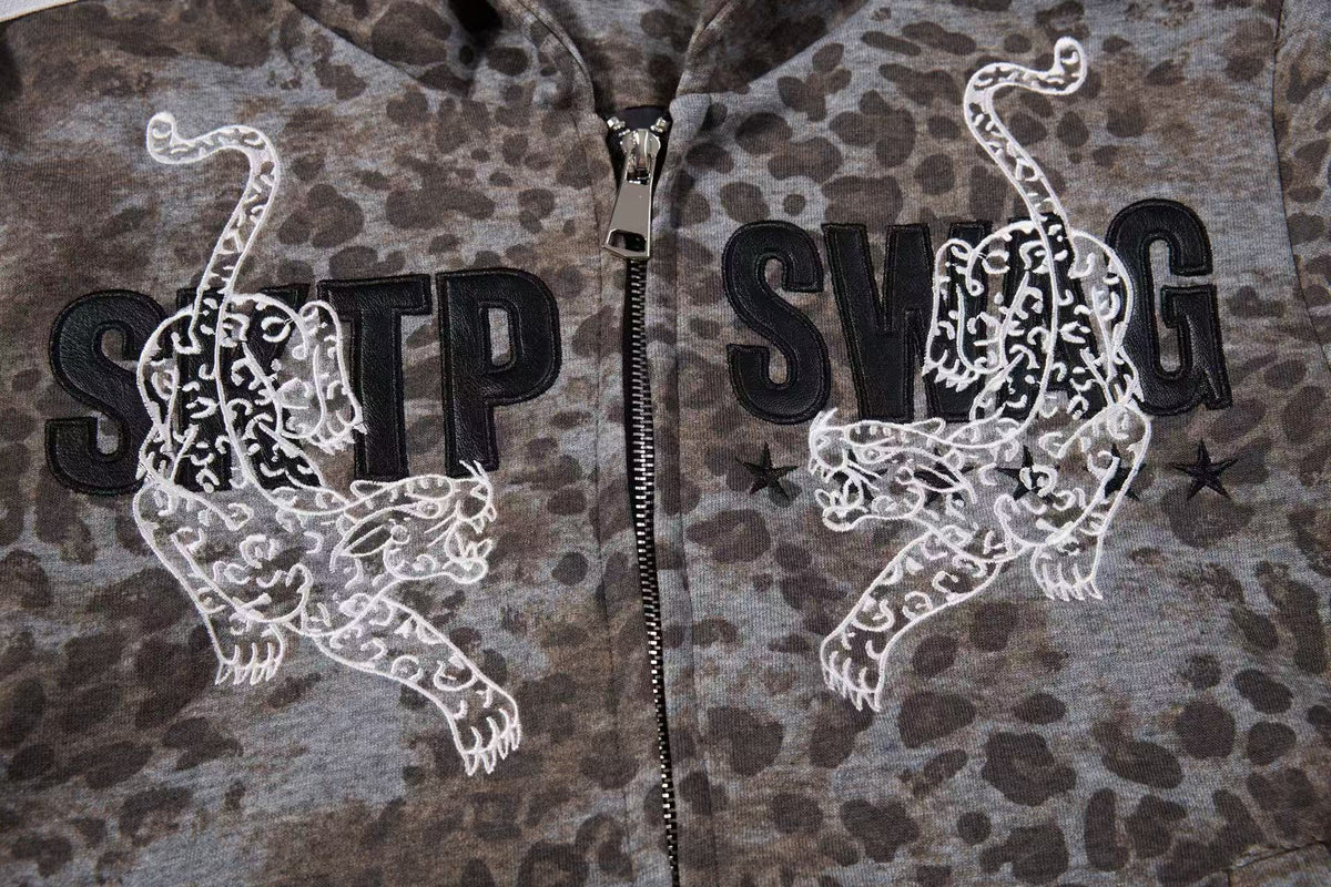 Cropped Vintage Leopard Tiger Embroidery Striped Sleeve Hooded Jacket