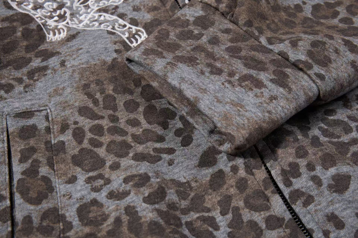 Cropped Vintage Leopard Tiger Embroidery Striped Sleeve Hooded Jacket