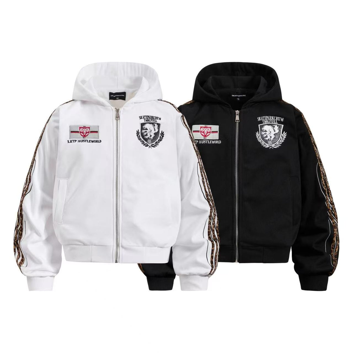 Cropped Crest Embroidered Leopard Striped Sleeve Varsity Zip Up Hooded Jacket