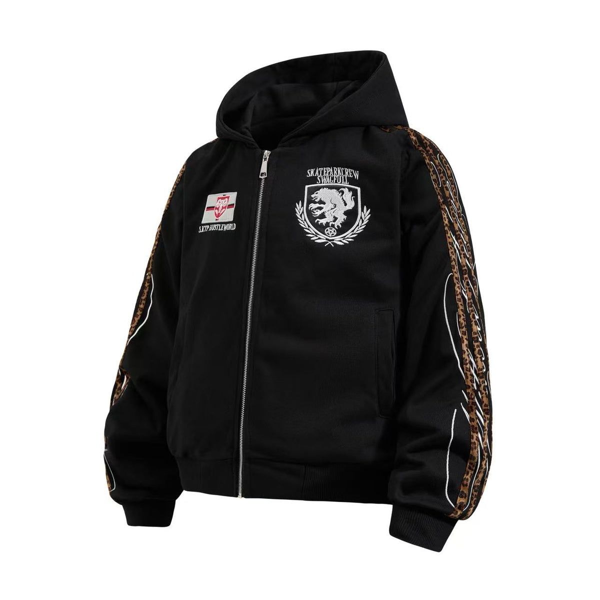 Cropped Crest Embroidered Leopard Striped Sleeve Varsity Zip Up Hooded Jacket