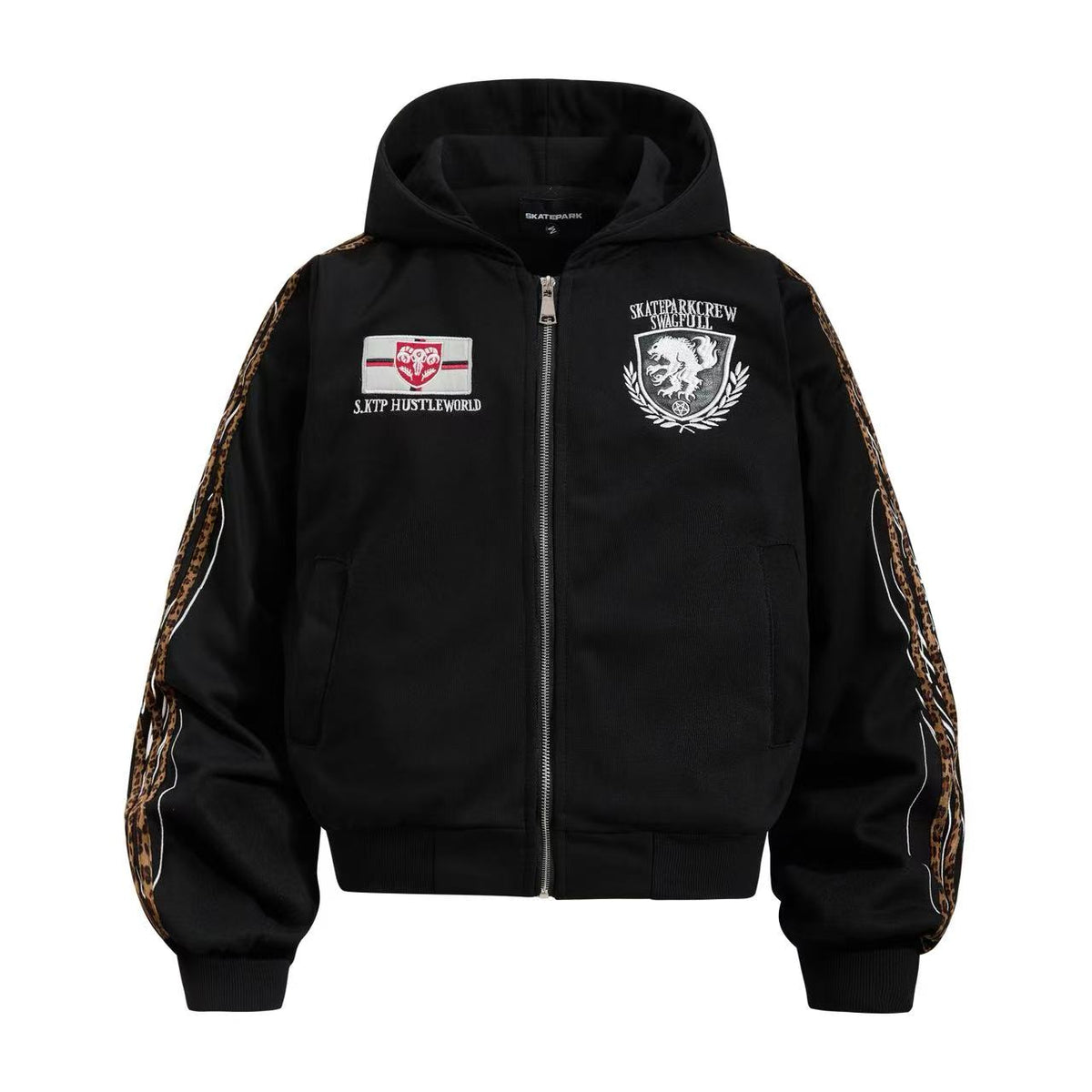 Cropped Crest Embroidered Leopard Striped Sleeve Varsity Zip Up Hooded Jacket
