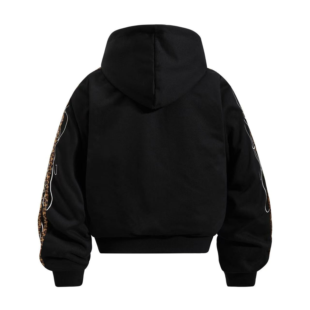 Cropped Crest Embroidered Leopard Striped Sleeve Varsity Zip Up Hooded Jacket