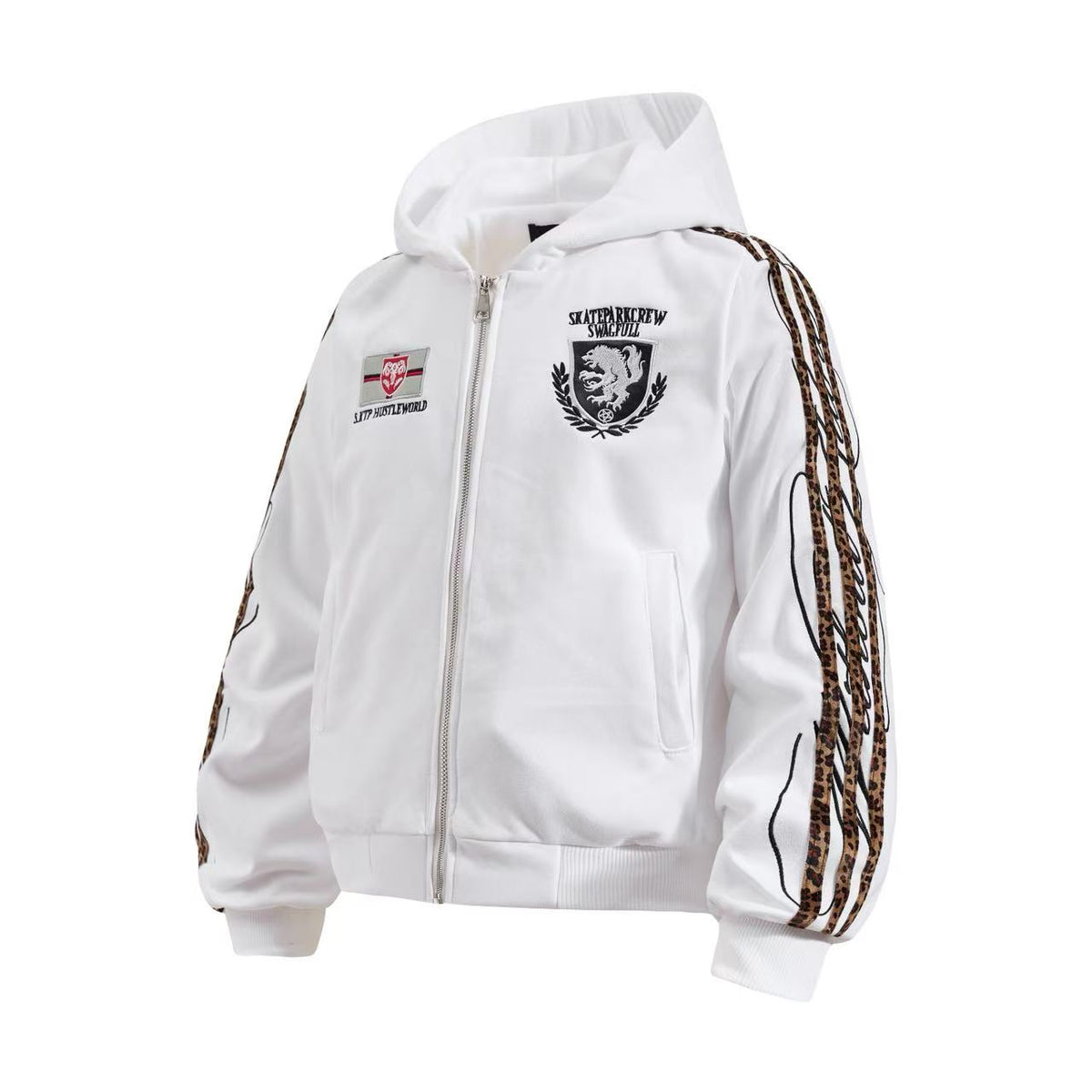 Cropped Crest Embroidered Leopard Striped Sleeve Varsity Zip Up Hooded Jacket