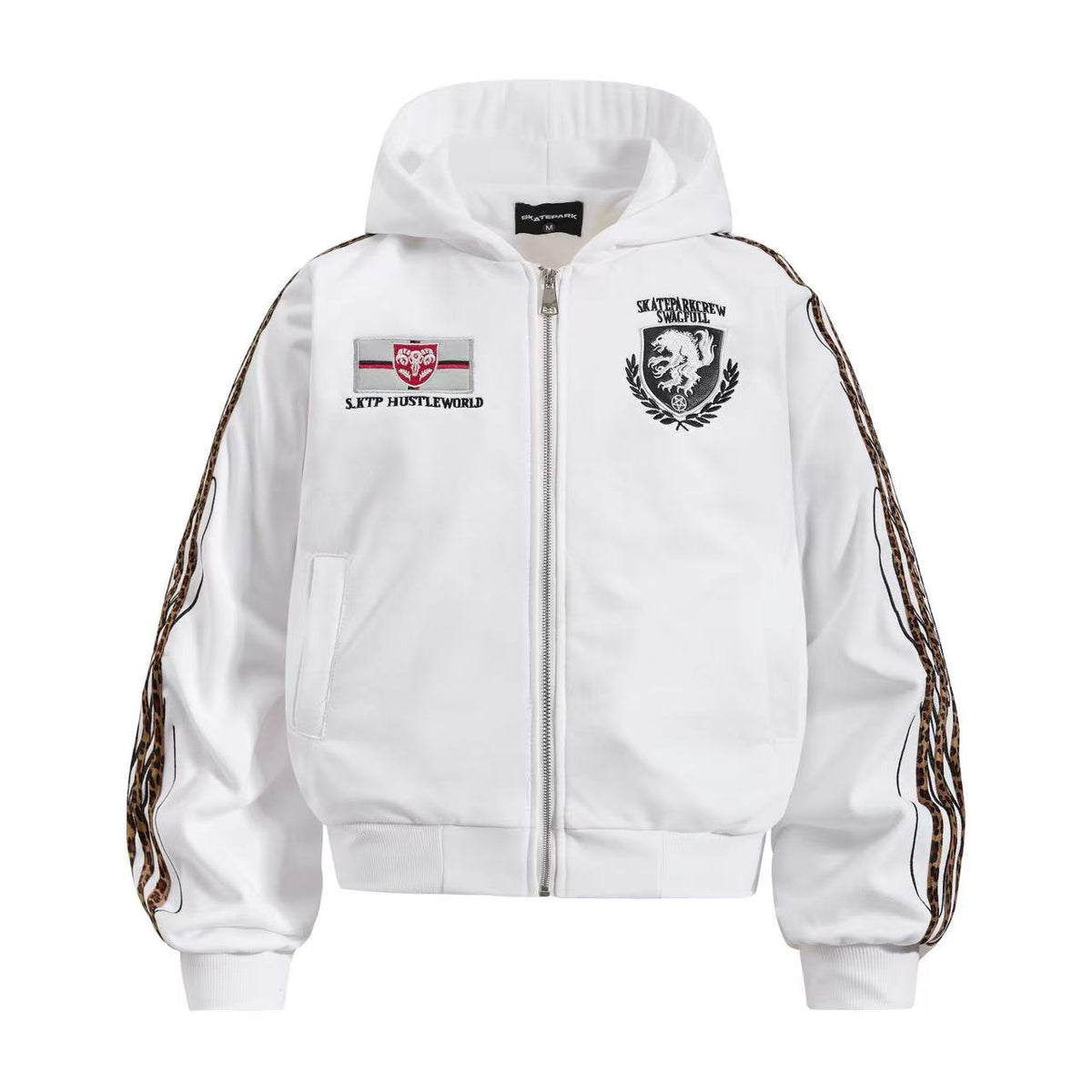 Cropped Crest Embroidered Leopard Striped Sleeve Varsity Zip Up Hooded Jacket