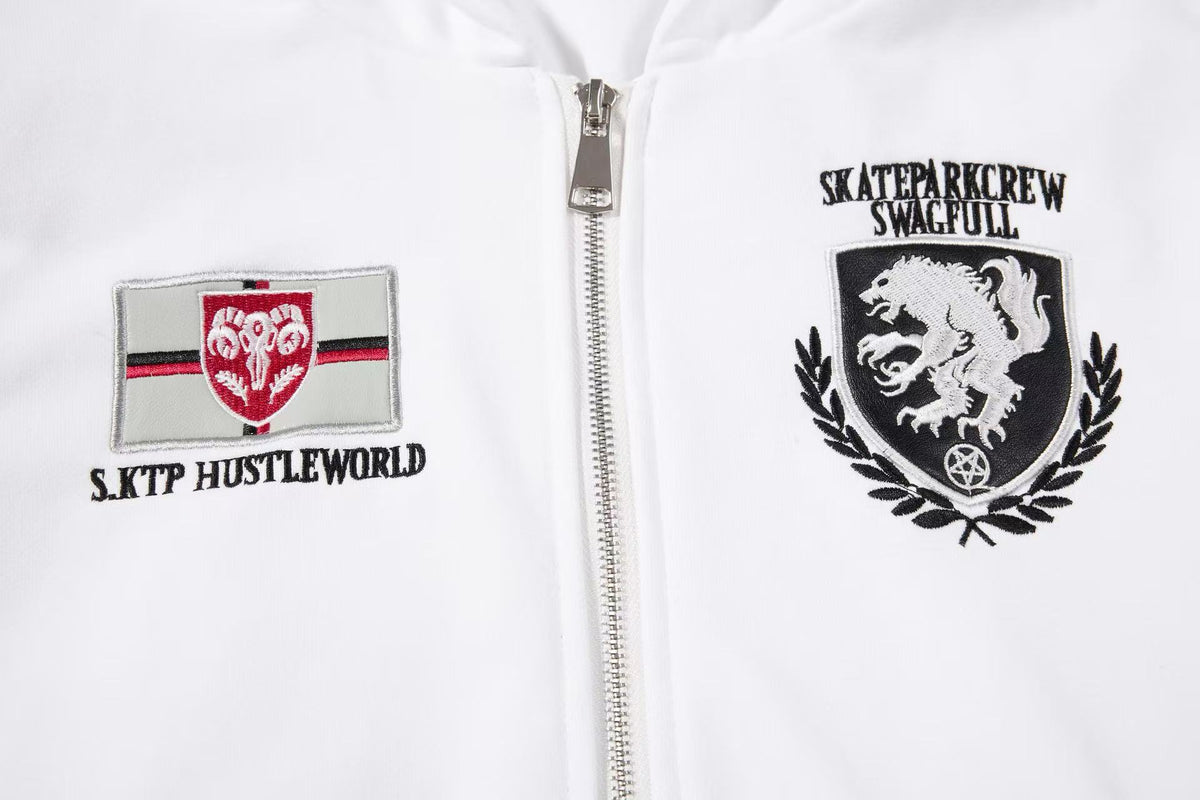 Cropped Crest Embroidered Leopard Striped Sleeve Varsity Zip Up Hooded Jacket