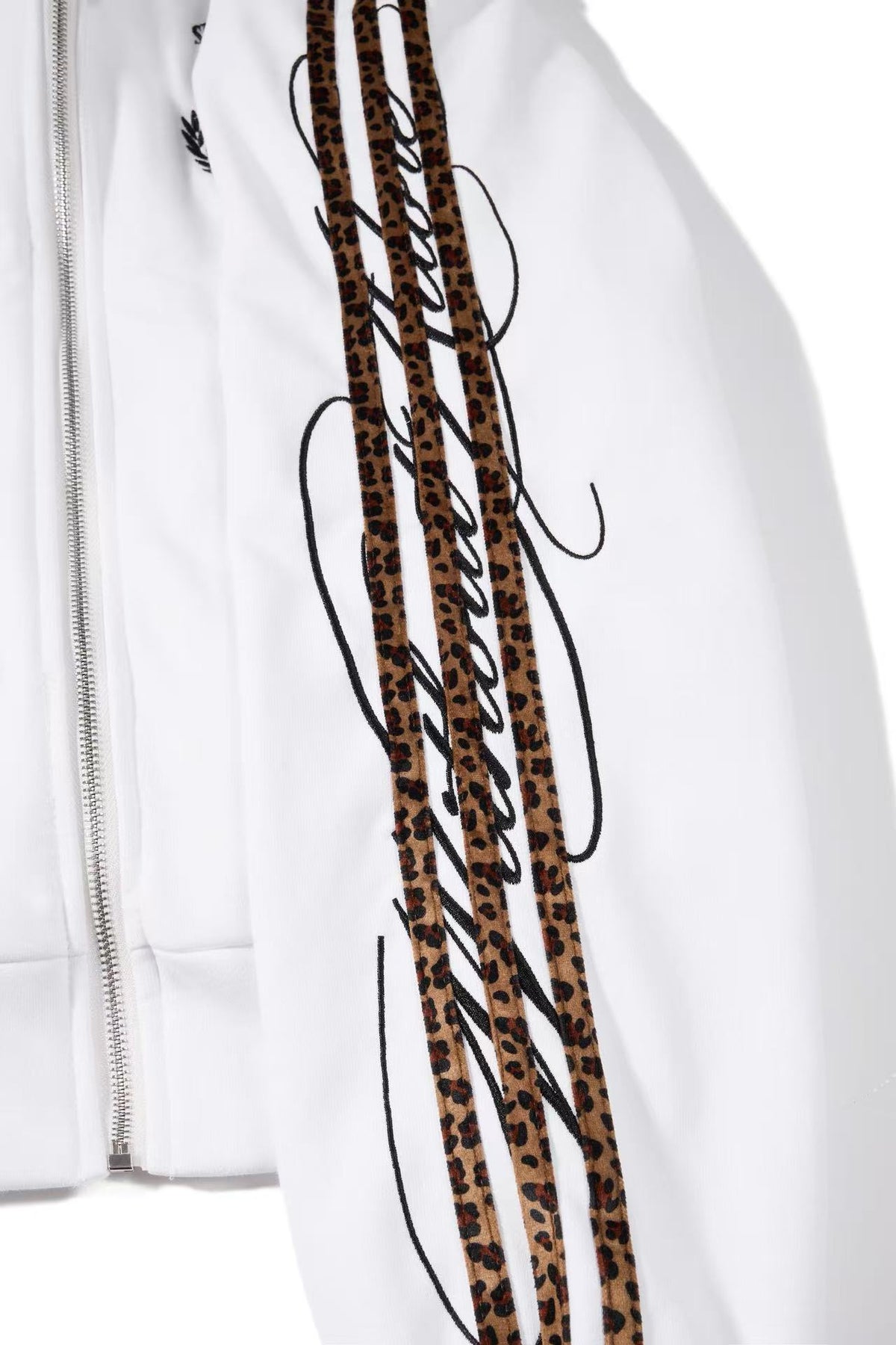Cropped Crest Embroidered Leopard Striped Sleeve Varsity Zip Up Hooded Jacket