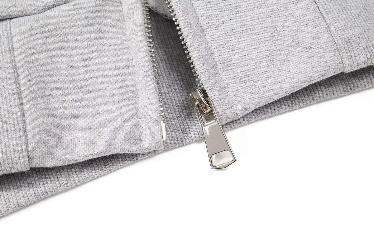 Cropped Distressed Cross Lion Print Zip Up Hooded Jacket