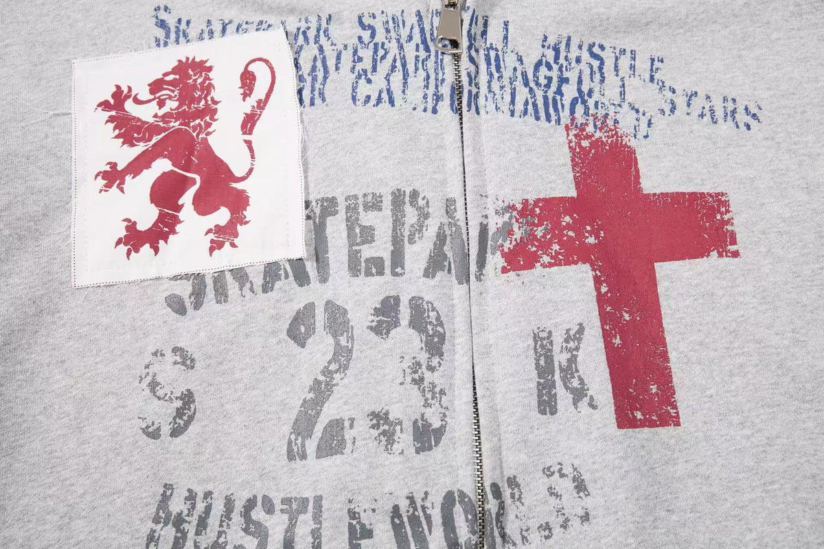 Cropped Distressed Cross Lion Print Zip Up Hooded Jacket